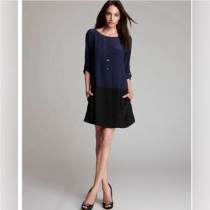 Eileen Fisher Silk Tunic Top Crepe De Chine Size Small Navy Blue Black